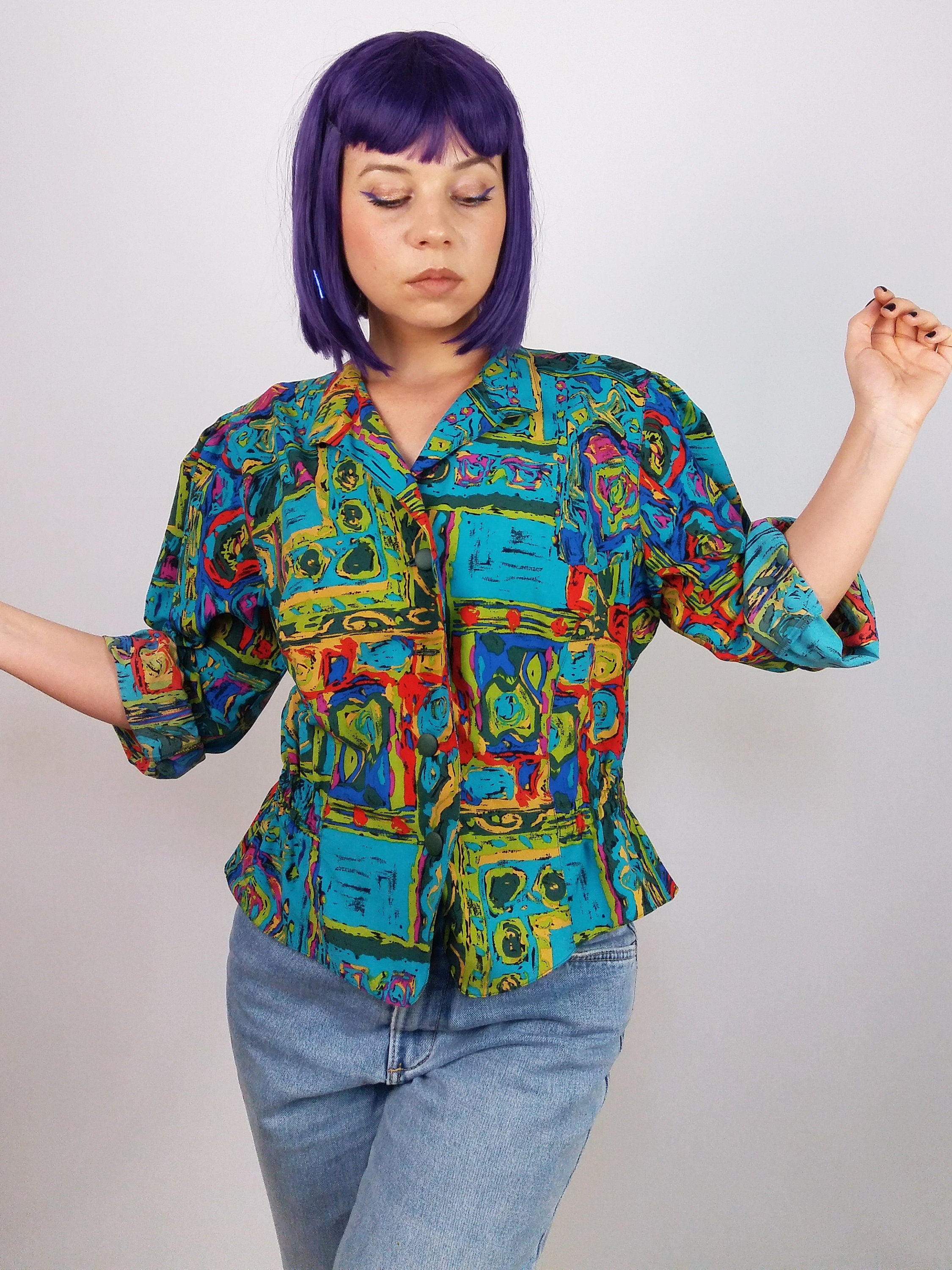 80's Blazer Blouse Abstract Print - size M-L