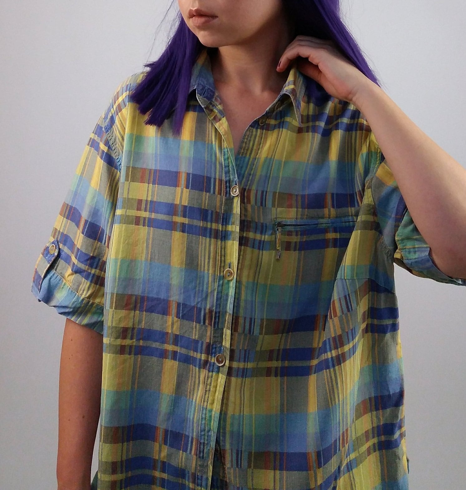 80's Retro Check Pattern Safari Blouse - M-L