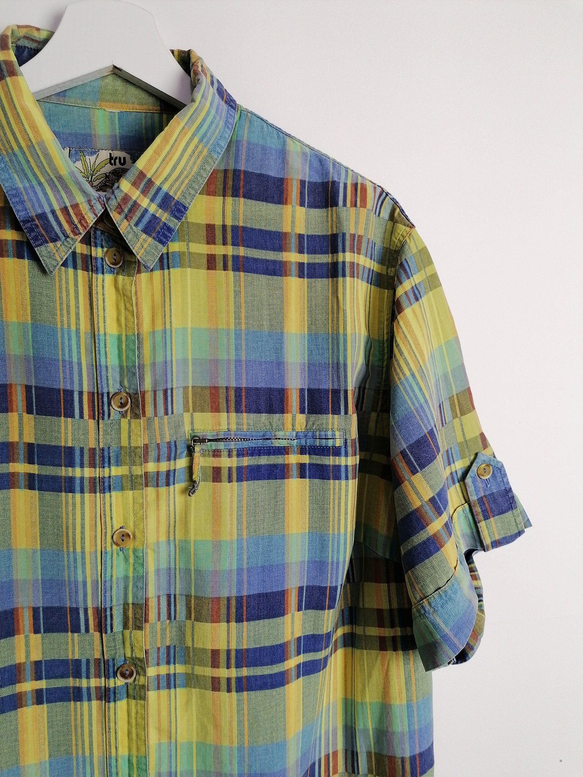 80's Retro Check Pattern Safari Blouse - M-L