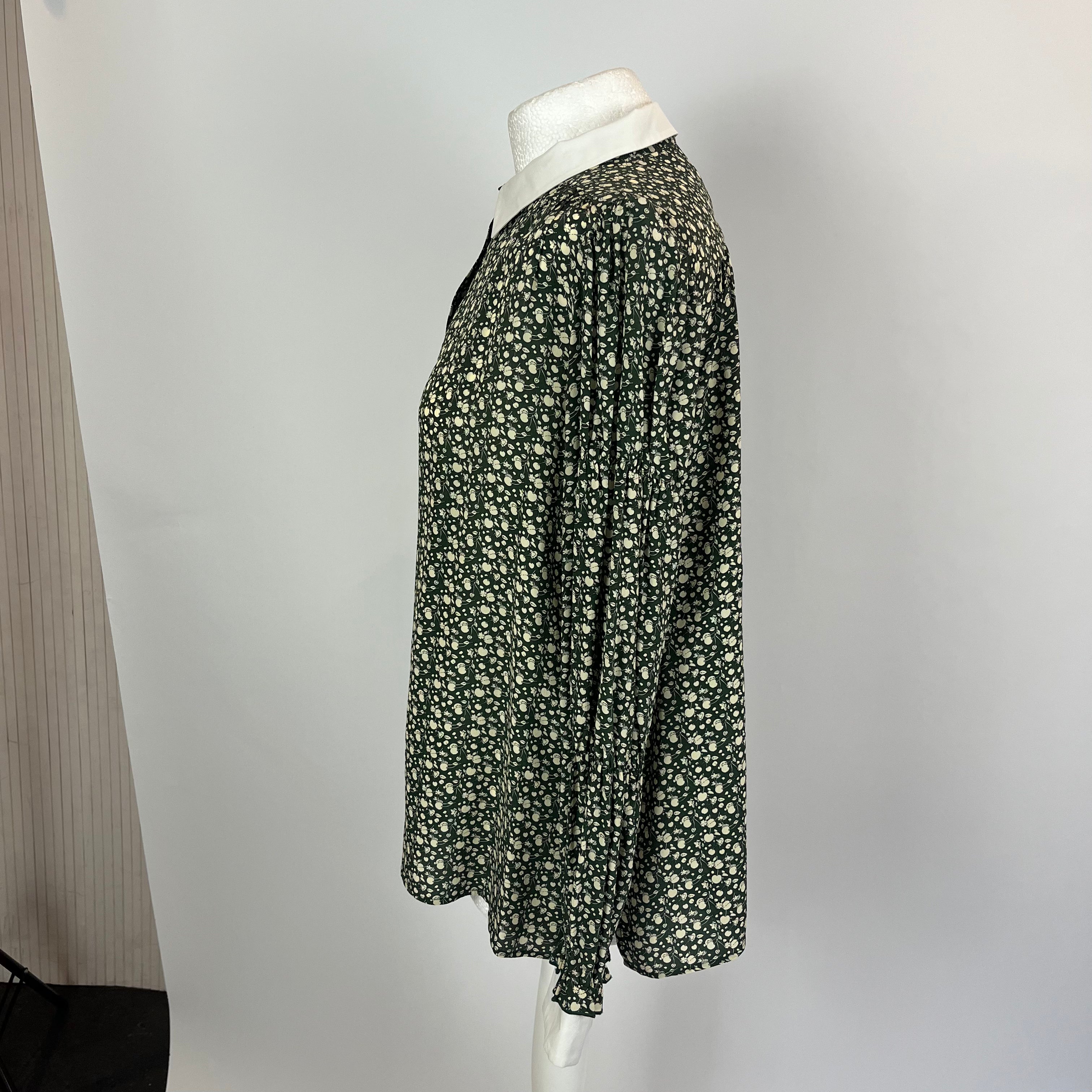 A.P.C. Green & Ecru Cherry Print Silk Blouse M