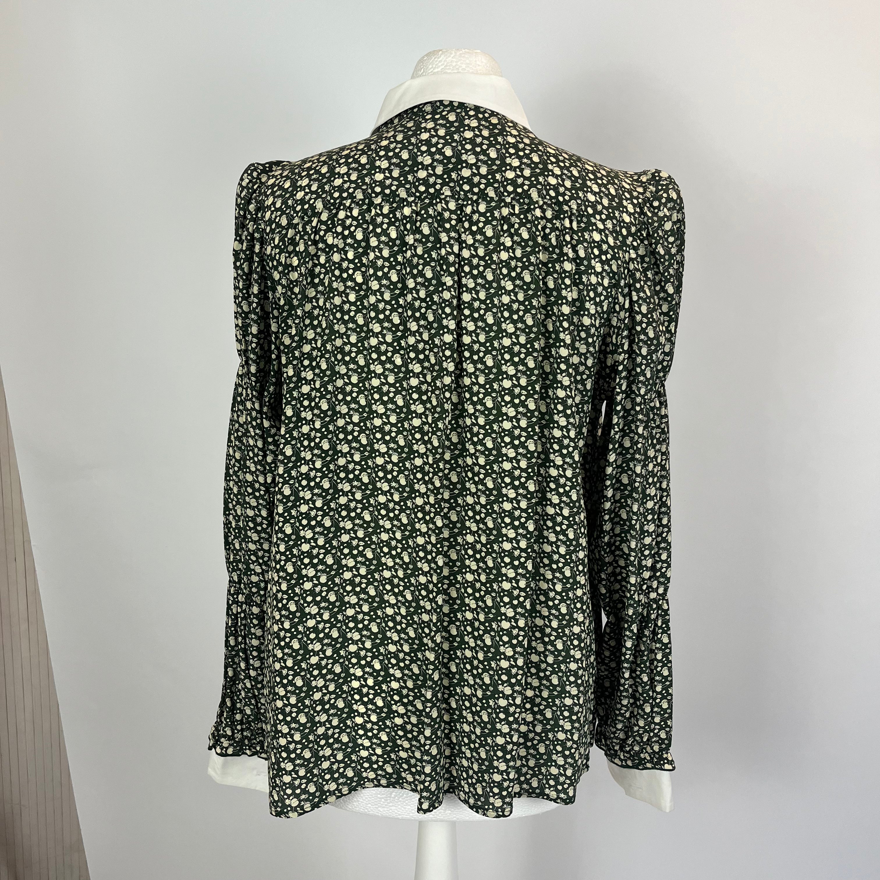 A.P.C. Green & Ecru Cherry Print Silk Blouse M