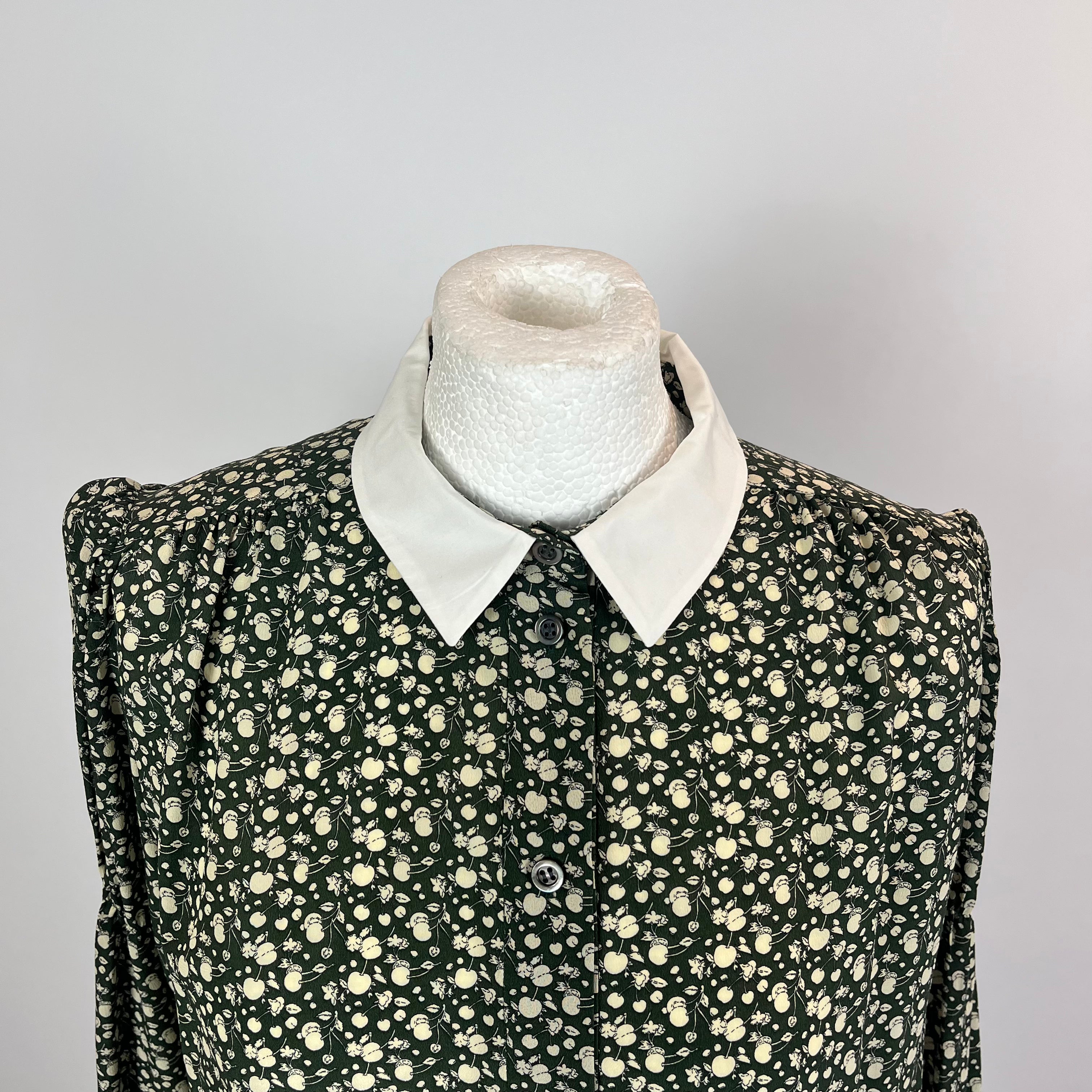 A.P.C. Green & Ecru Cherry Print Silk Blouse M