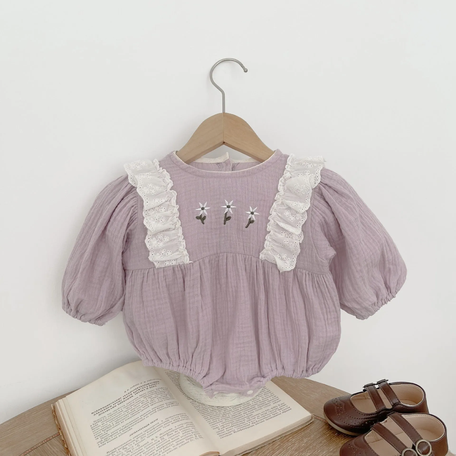 Baby Girls Solid Color Embroidered Rompers Wholesale 24030195