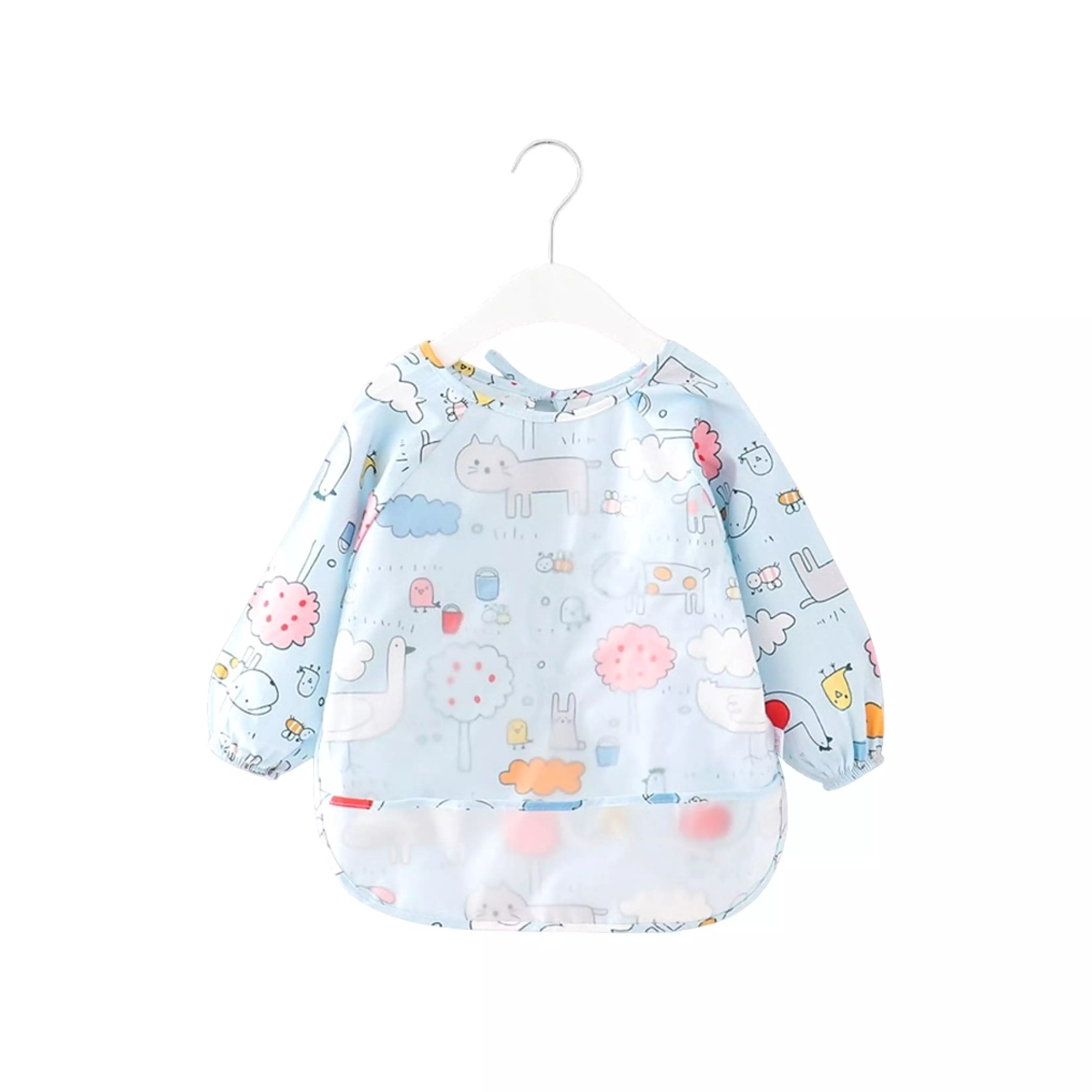 Baby Long Sleeve Apron Smock Bib in Blue Farmyard