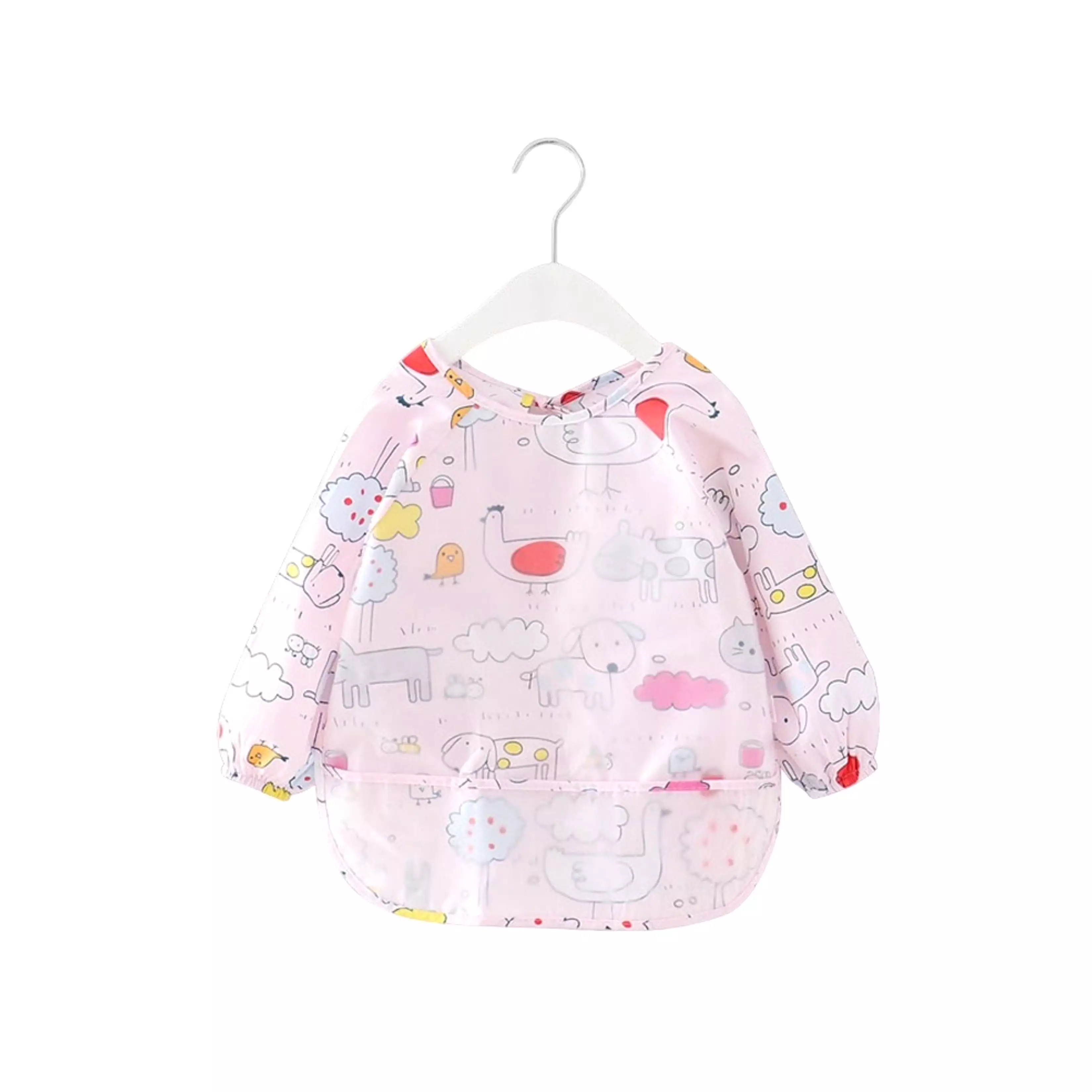 Baby Long Sleeve Apron Smock Bib in Pink Farmyard