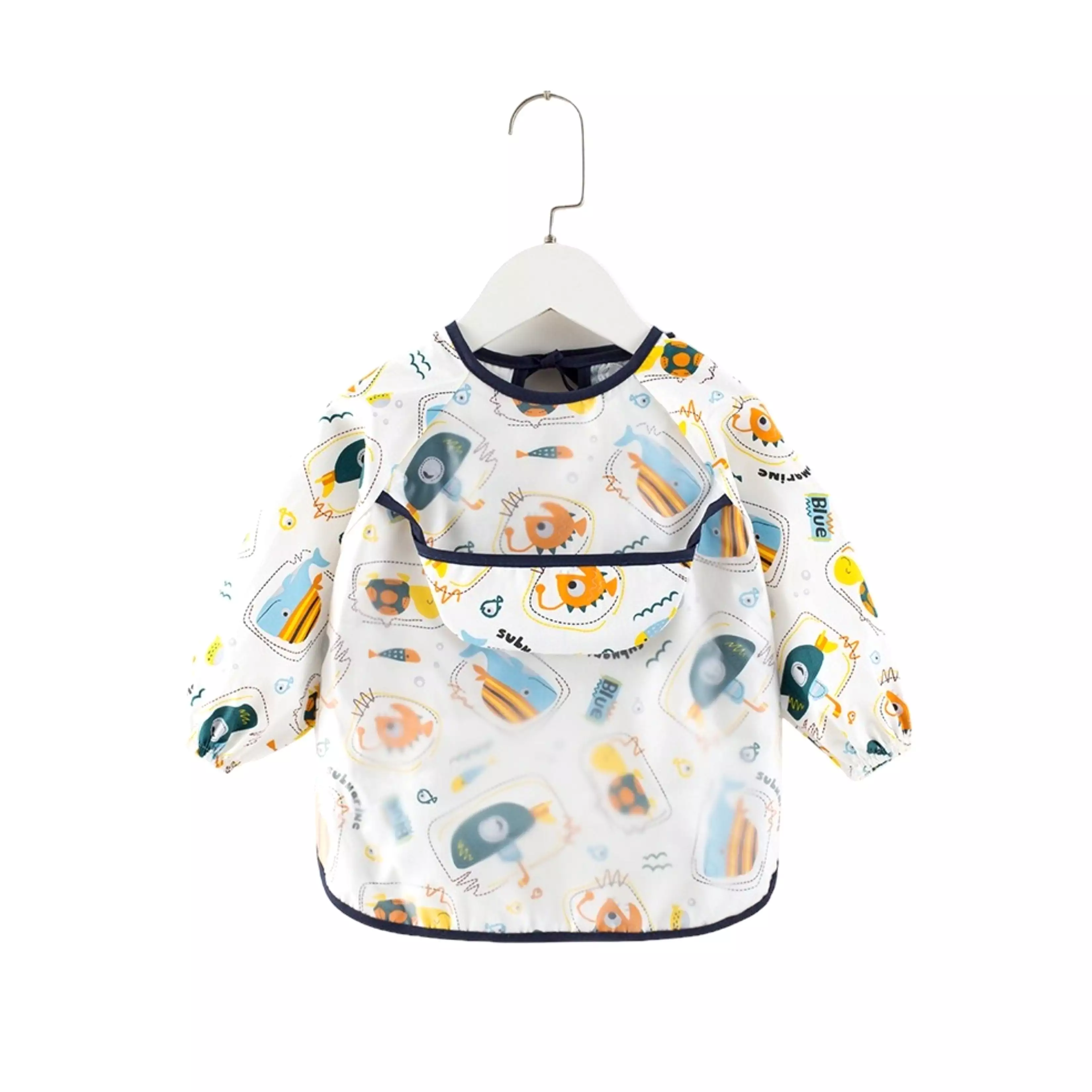 Baby Long Sleeve Apron Smock Bib in Submarine