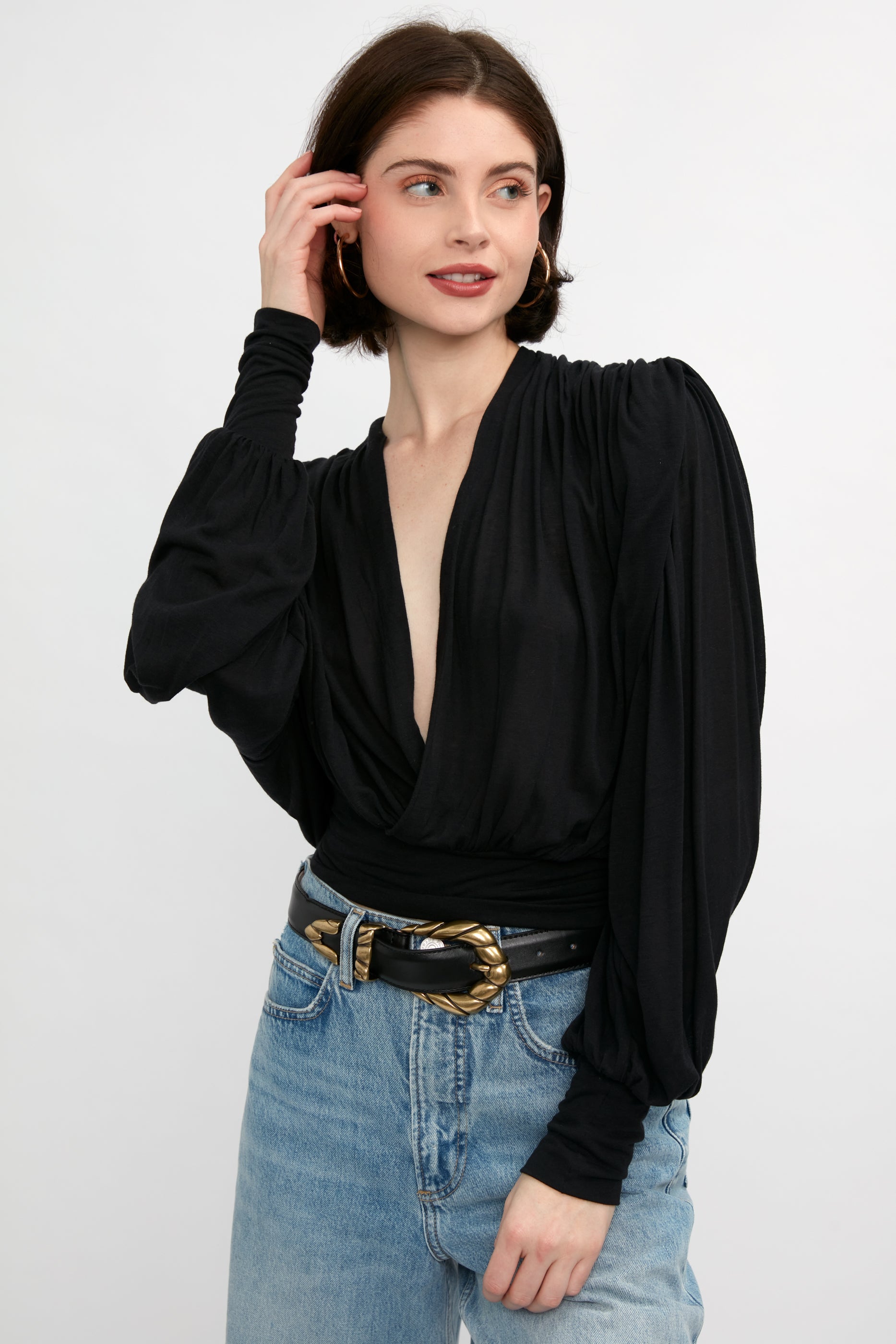 Barba V-Neck Blouse in Black