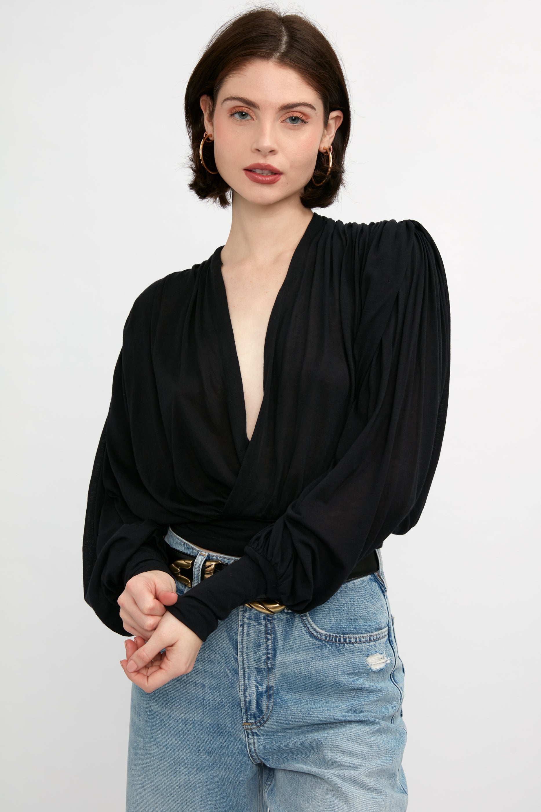 Barba V-Neck Blouse in Black