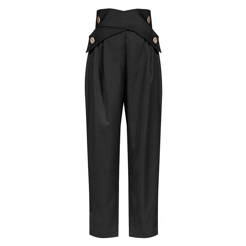 Black High Waisted Ruched Gold Button Pants