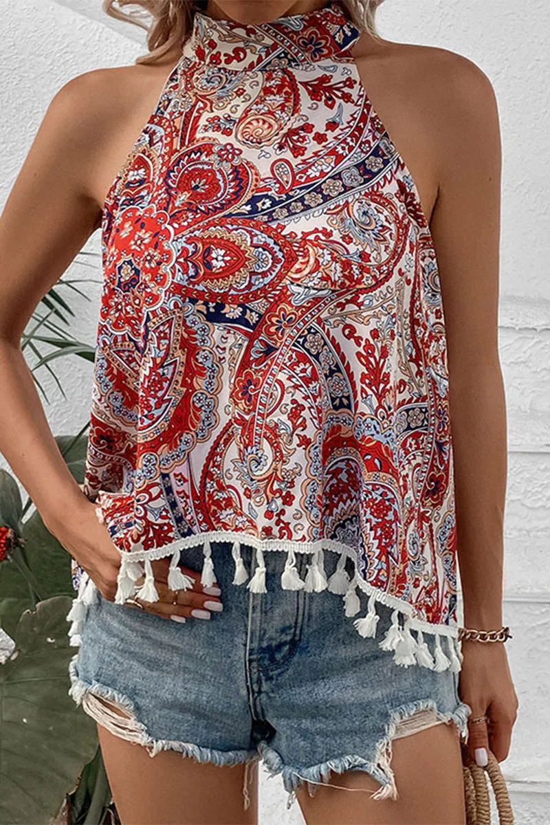 Bohemian Vintage Geometric Print Tassel Asymmetrical Halter Tops