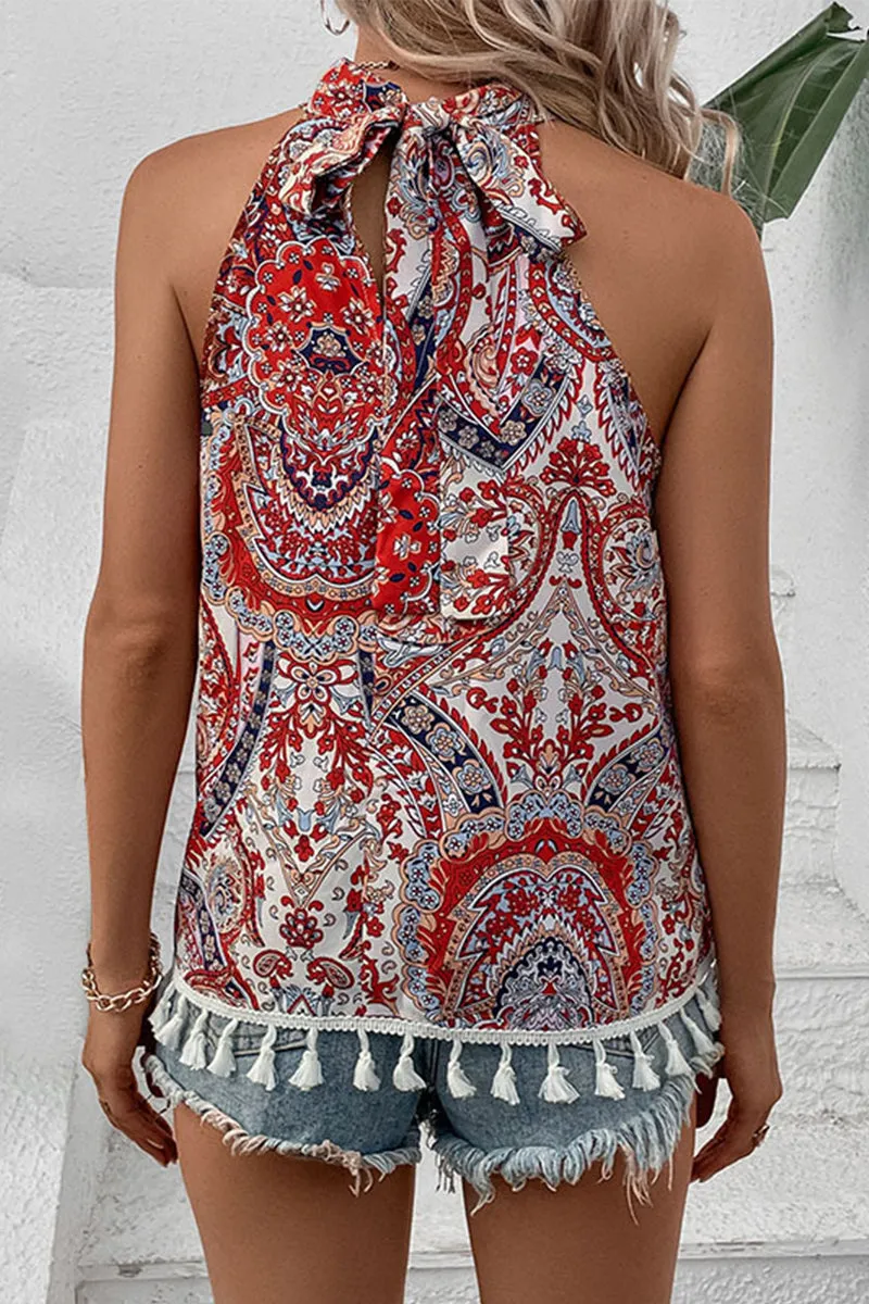 Bohemian Vintage Geometric Print Tassel Asymmetrical Halter Tops