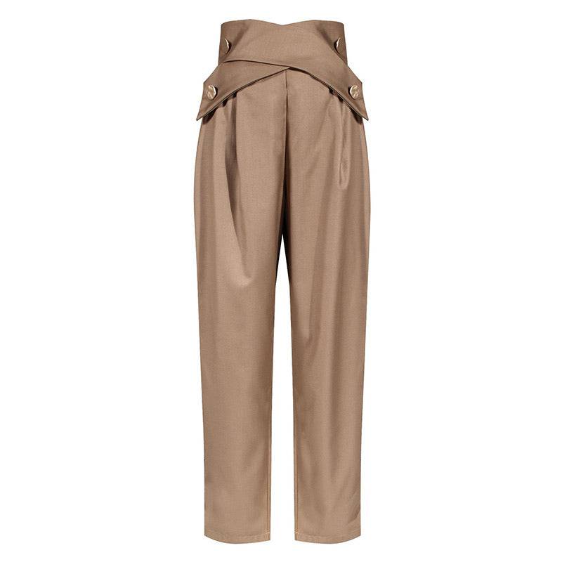 Brown High Waisted Ruched Gold Button Pants