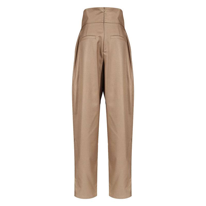 Brown High Waisted Ruched Gold Button Pants