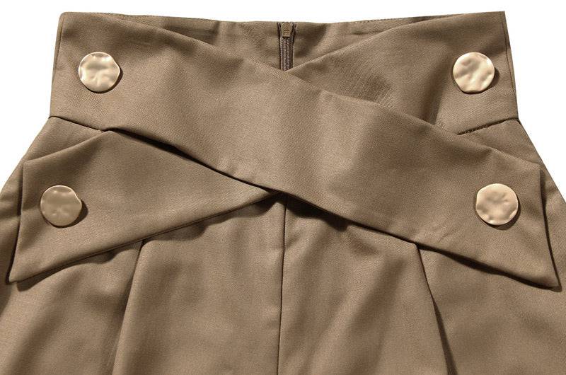 Brown High Waisted Ruched Gold Button Pants