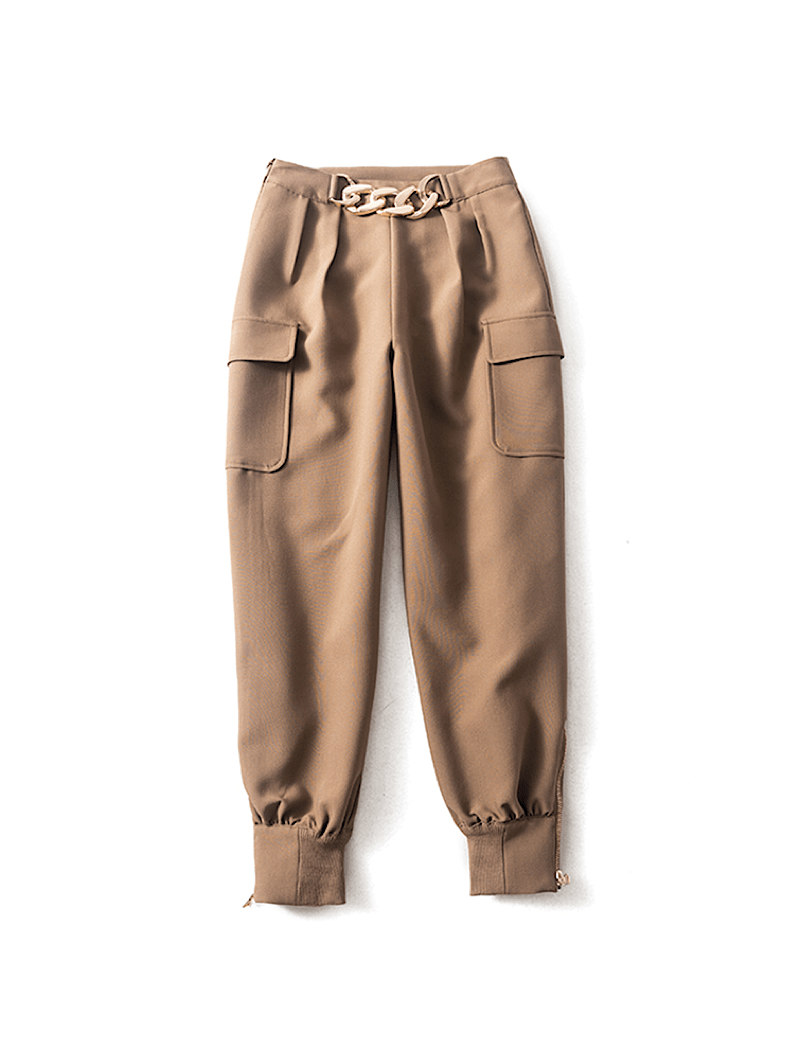 Brown Luxury Golden Chain Zippered Cargo Pants