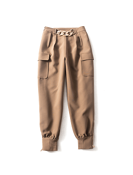 Brown Luxury Golden Chain Zippered Cargo Pants