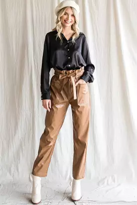 Camel Pleather Tie Waist Pants