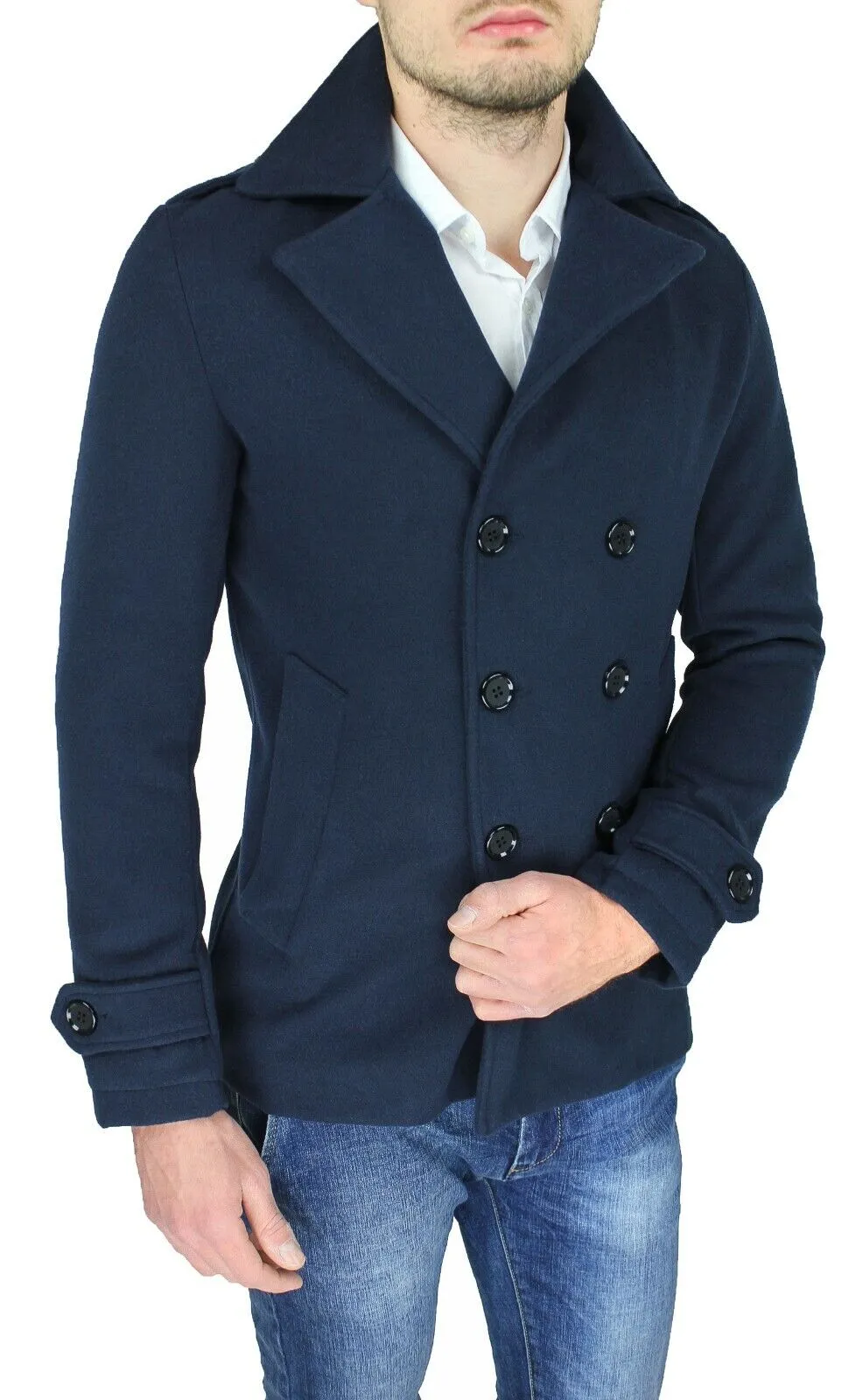 CAPPOTTO GIACCA UOMO INVERNALE BLU SLIM FIT GIUBBOTTO TRENCH DOPPIO PETTO