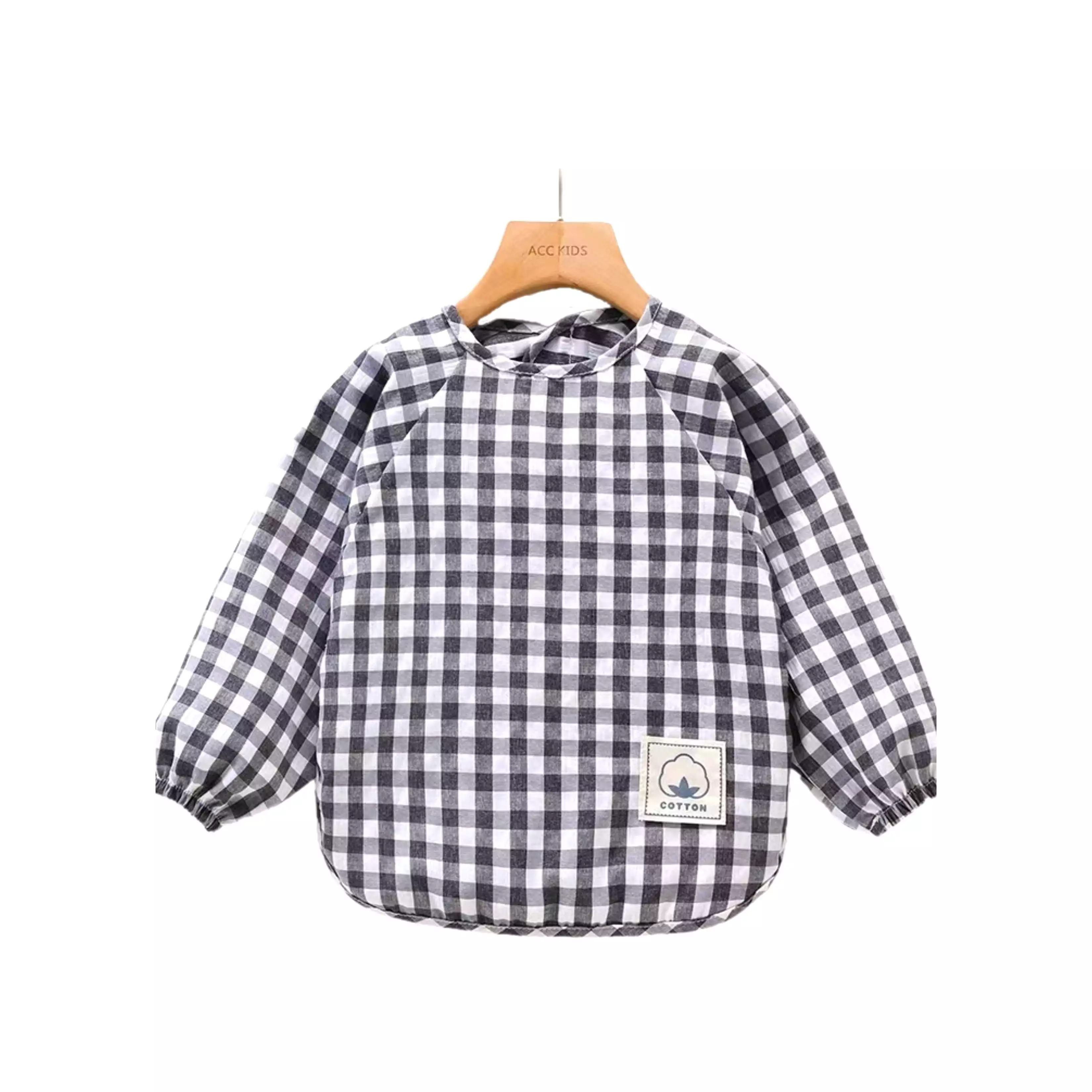 Classic Gingham Style Long-Sleeve Baby Smock in Navy Blue