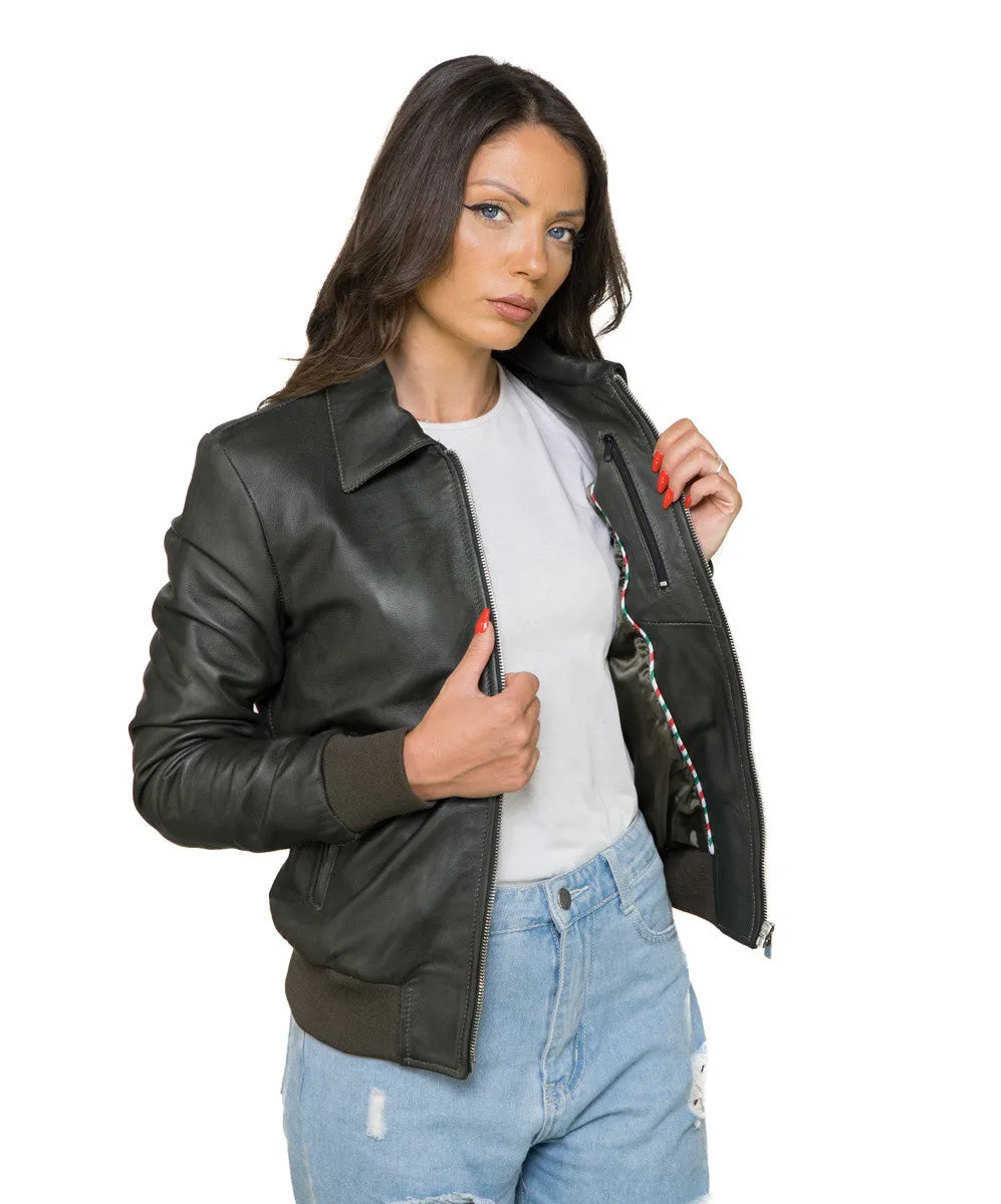 Cloe - Bomber Donna Verde in vera pelle