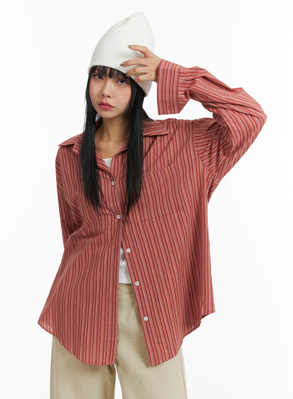 Collar Striped Button Long Sleeve Blouse CJ411