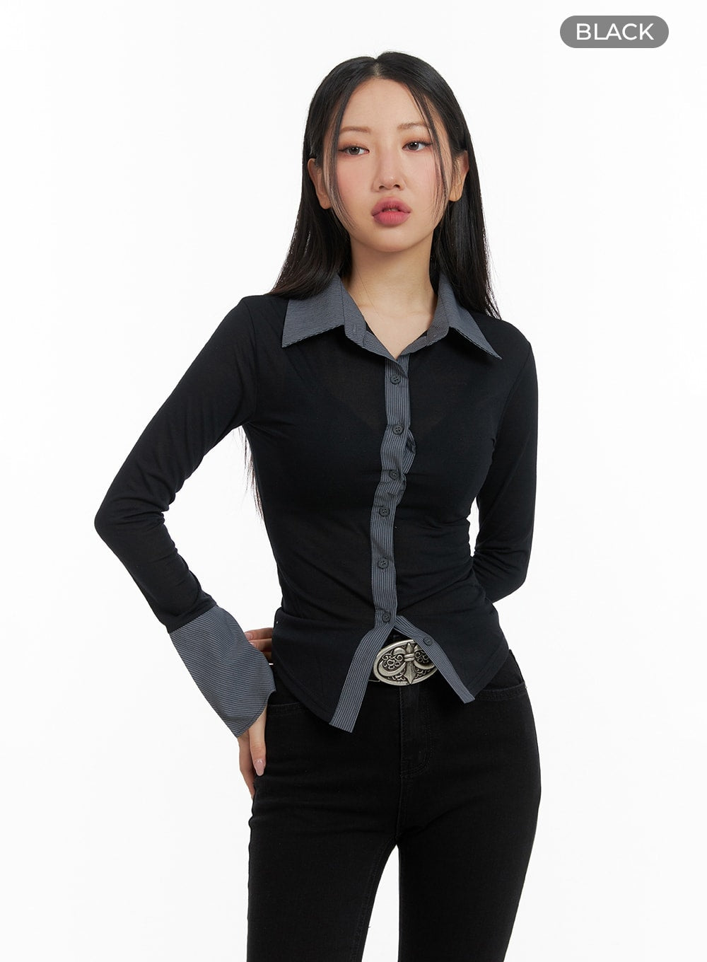 Contrasting Binding Button-Up Blouse CM421