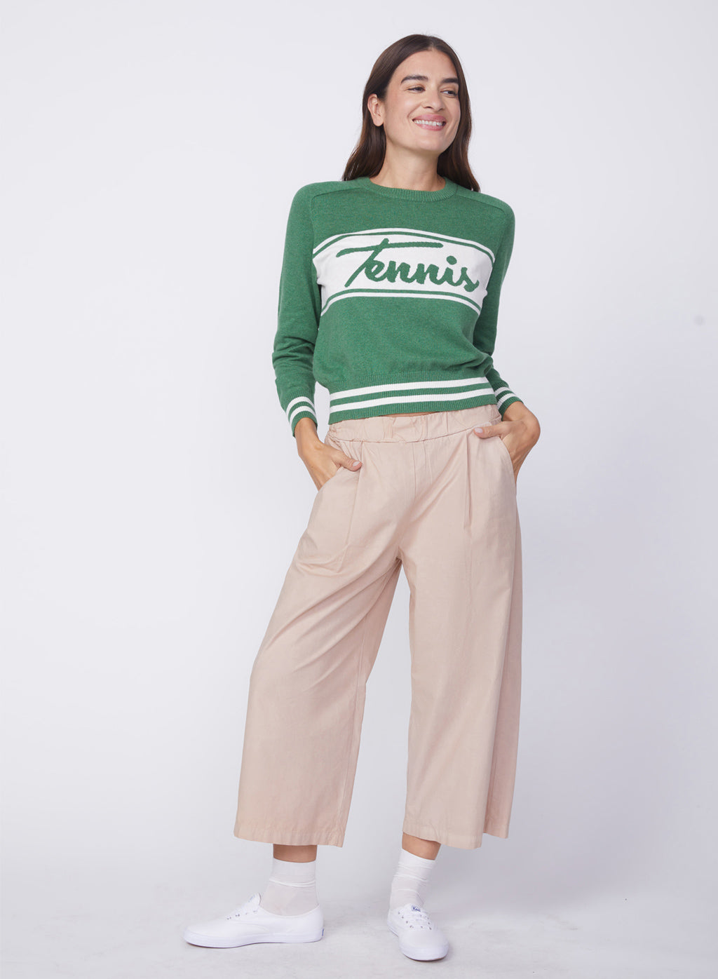 Cotton Cashmere Raglan Tennis Sweater in Pine