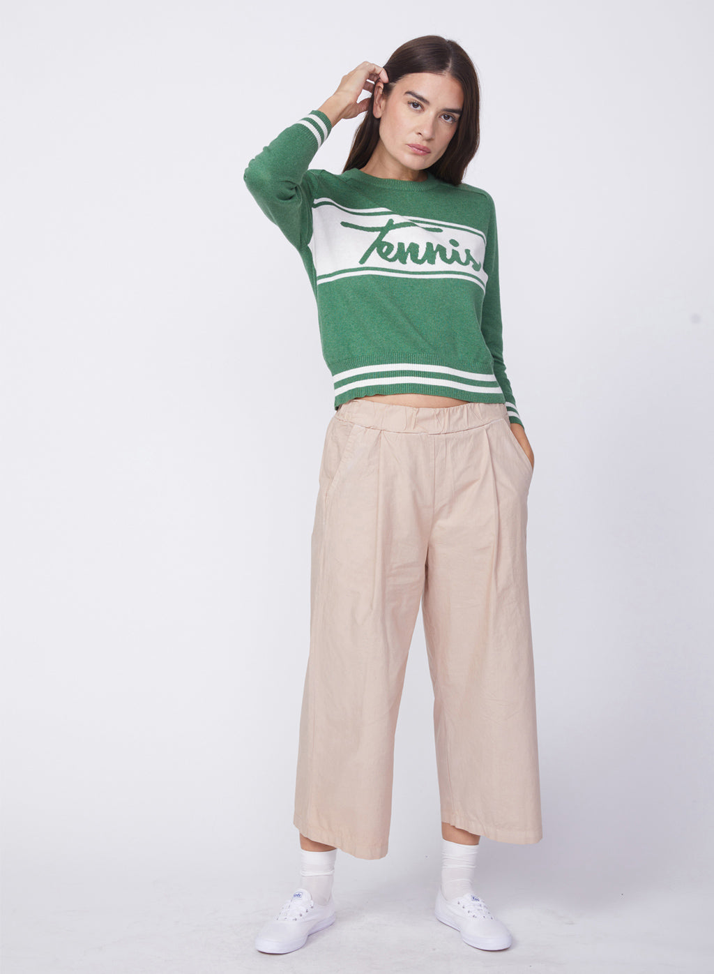 Cotton Cashmere Raglan Tennis Sweater in Pine