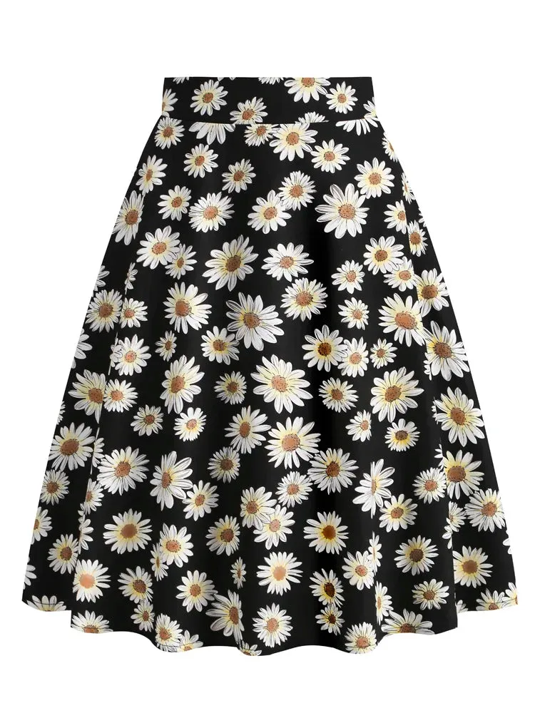 Daisy Floral Retro Style A-Line Midi Skirts for Women Concealed Zipper Back Vintage Clothes Pinup Black Skirt