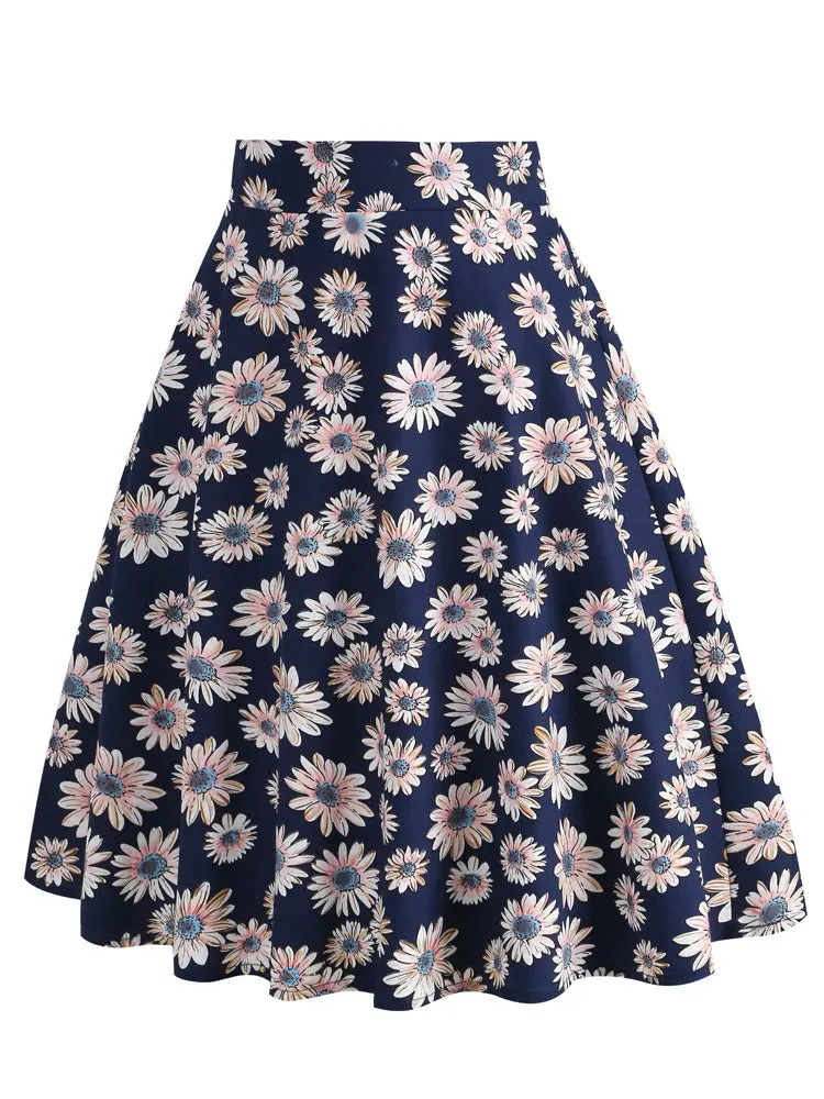 Daisy Floral Retro Style A-Line Midi Skirts for Women Concealed Zipper Back Vintage Clothes Pinup Black Skirt