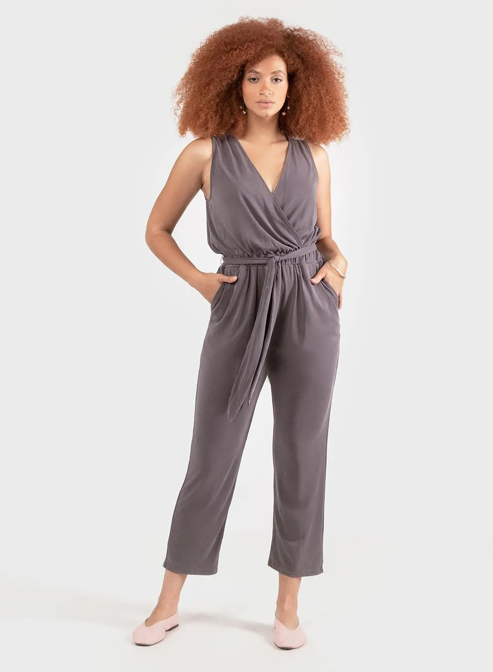 Dex Sueded Jersey Belted Wrap Jumpsuit in Slate Grey