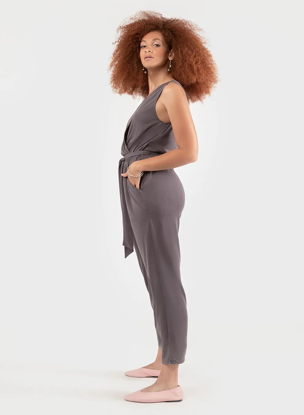 Dex Sueded Jersey Belted Wrap Jumpsuit in Slate Grey