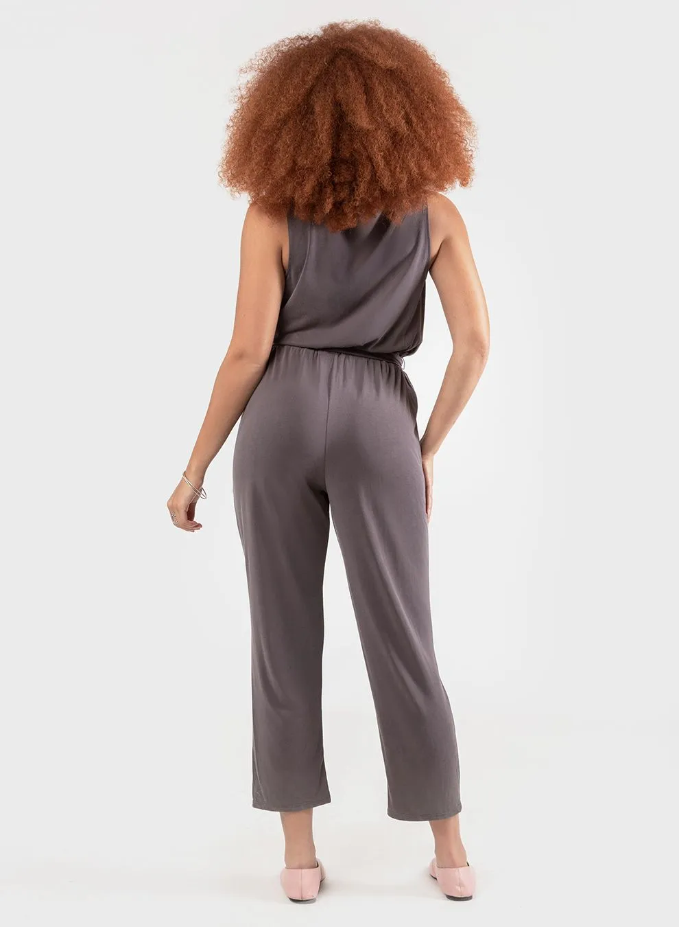 Dex Sueded Jersey Belted Wrap Jumpsuit in Slate Grey