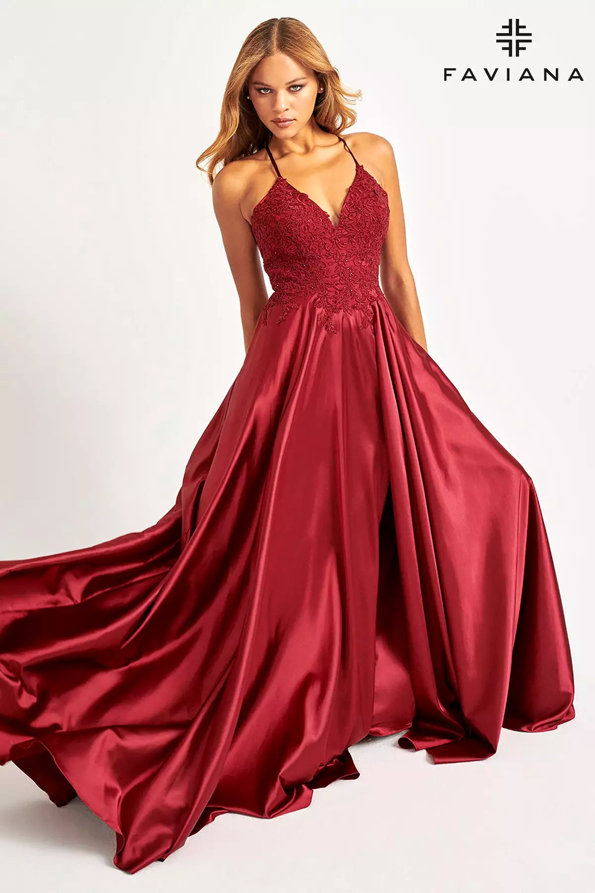 Faviana S10400 Long Flowy Prom Dress With Lace Bustier And Corset Back