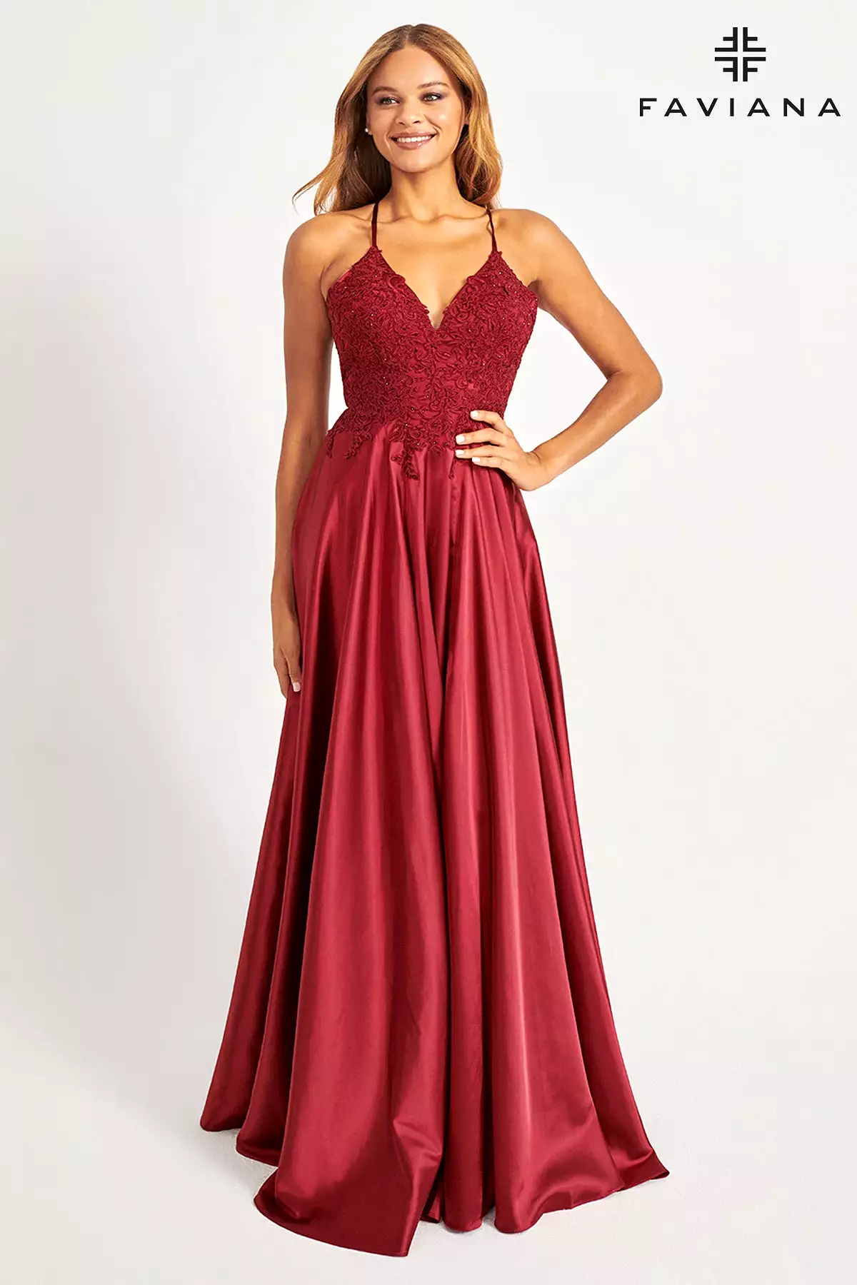 Faviana S10400 Long Flowy Prom Dress With Lace Bustier And Corset Back