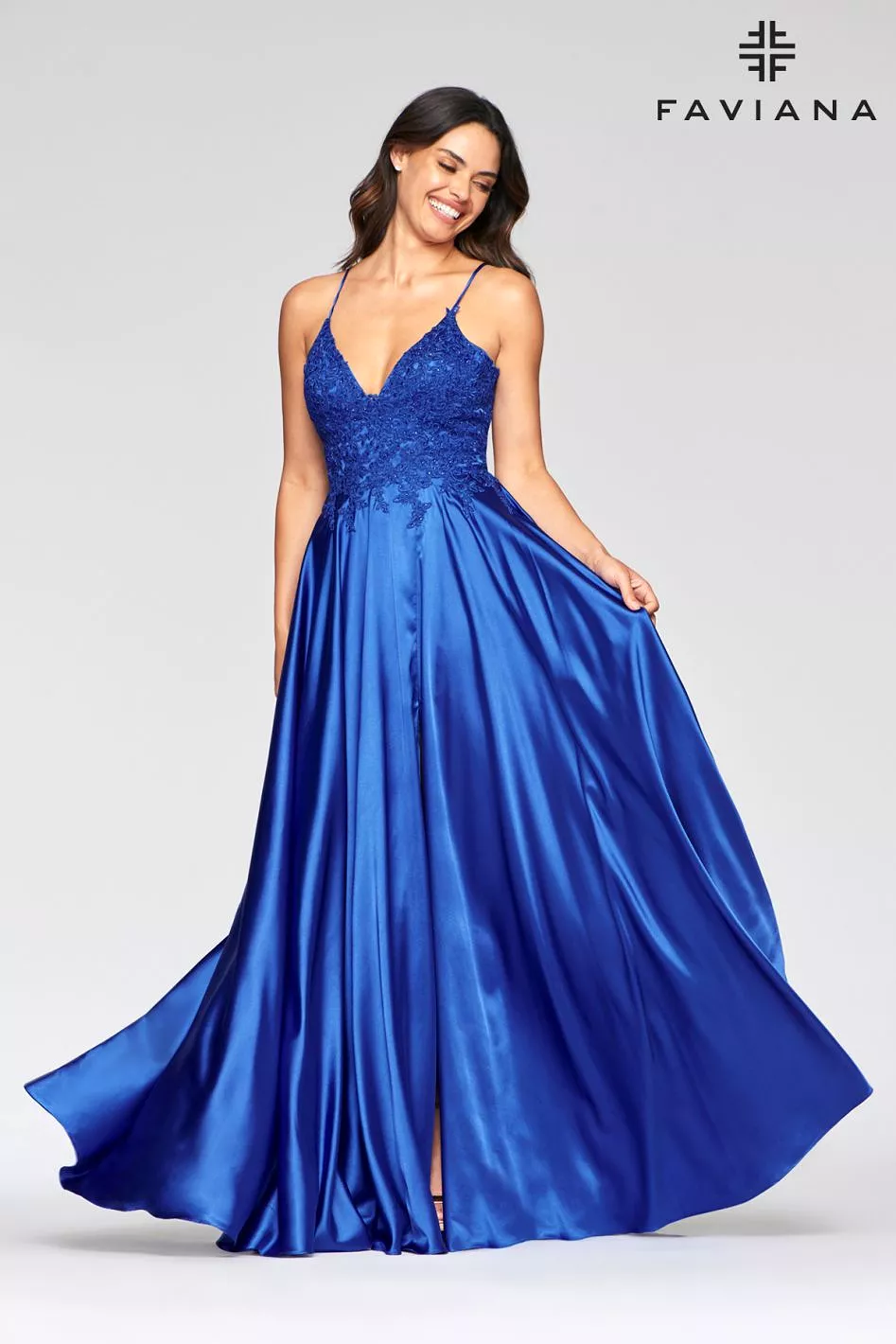 Faviana S10400 Long Flowy Prom Dress With Lace Bustier And Corset Back