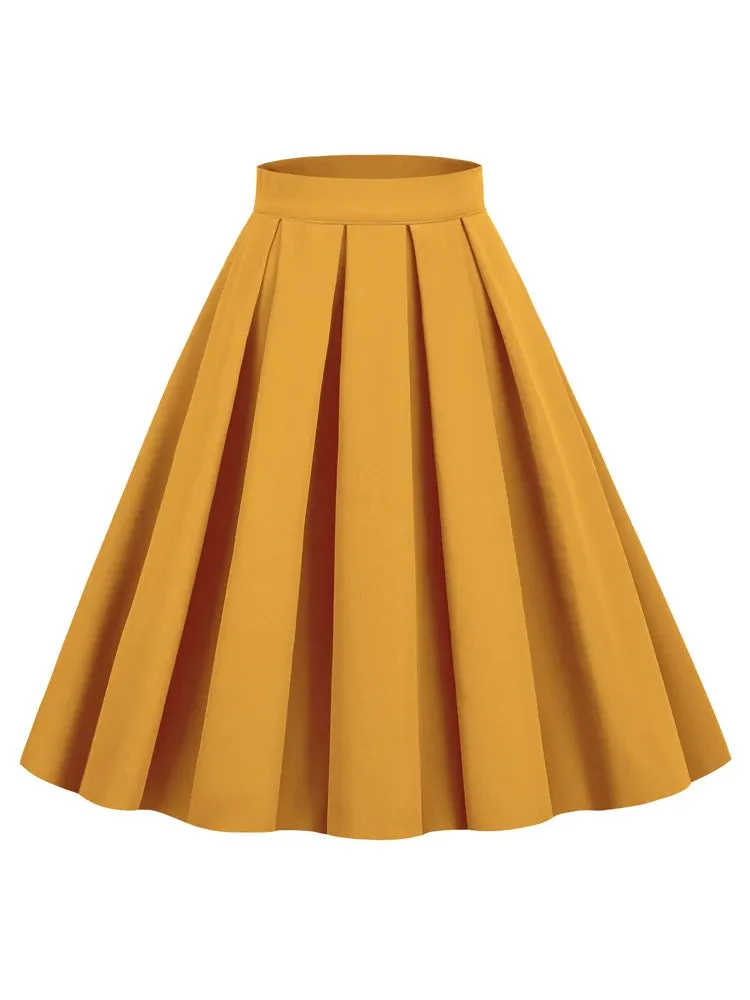 Ginger Solid Vintage 50s Style Pleated Midi Skirts for Women Elegant Clothes Female Swing Skirt