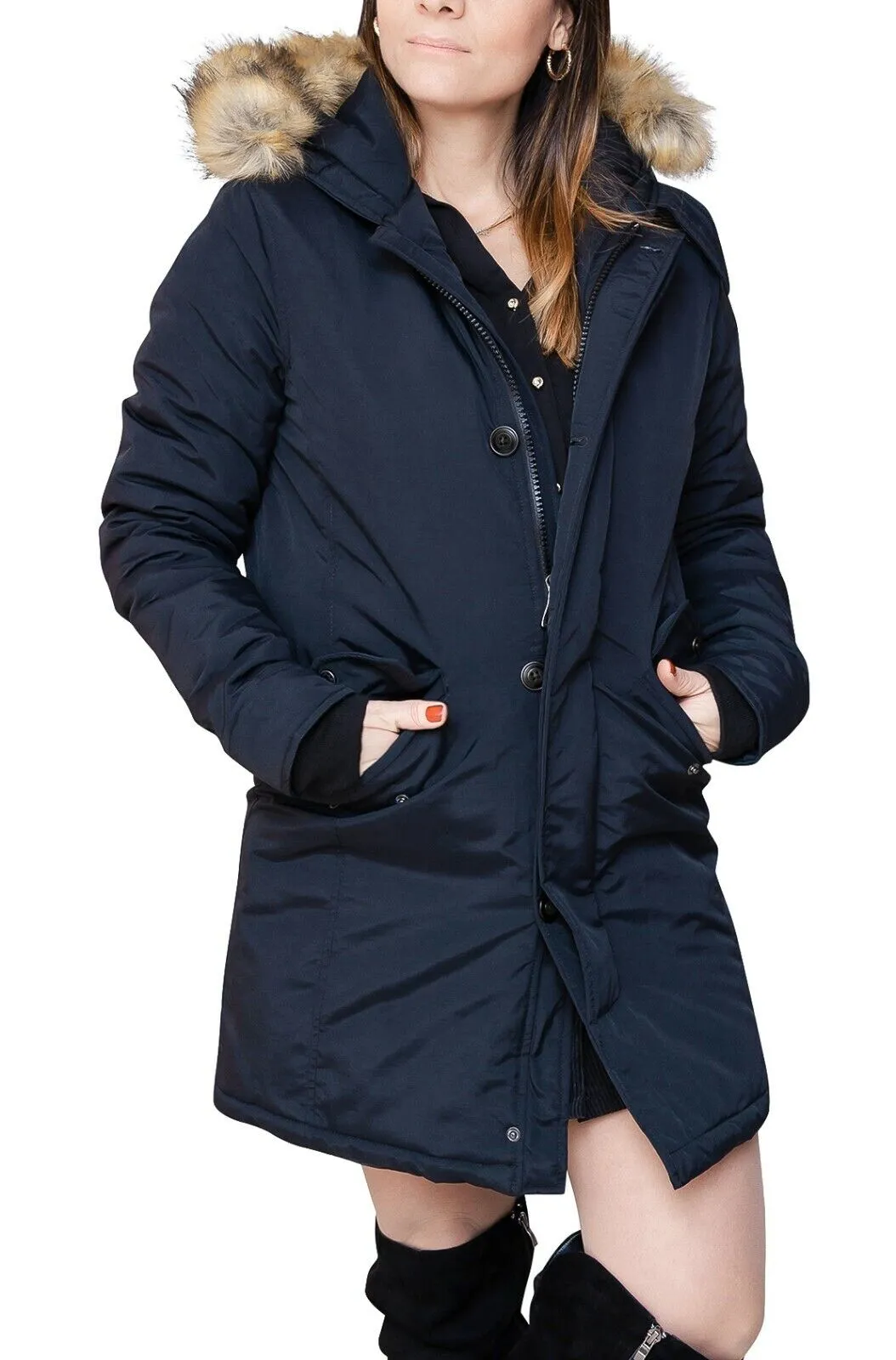 Giubbotto donna invernale blu scuro trench giacca piumino con pelliccia