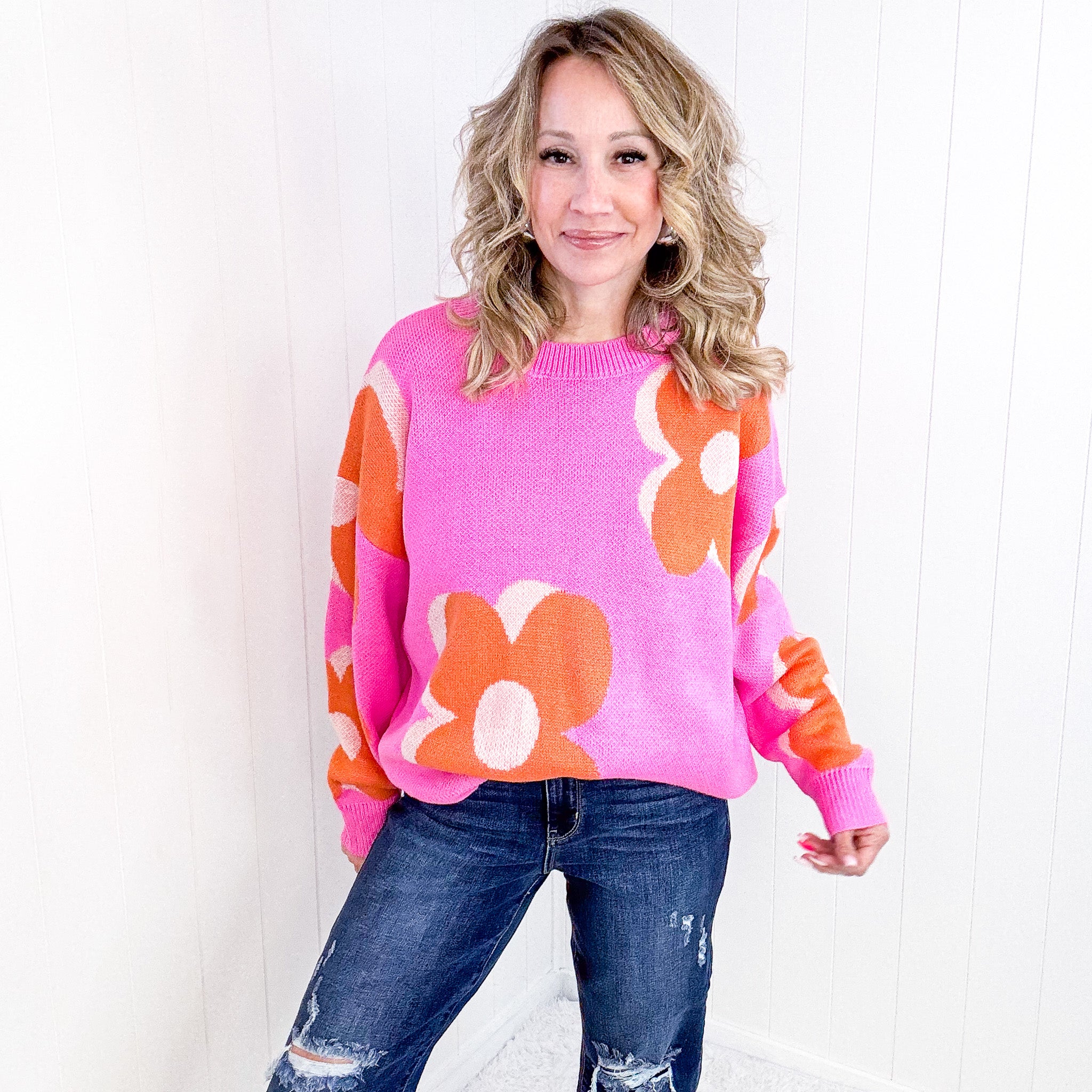 Hot Pink Quietly Bold Mod Orange Floral Sweater