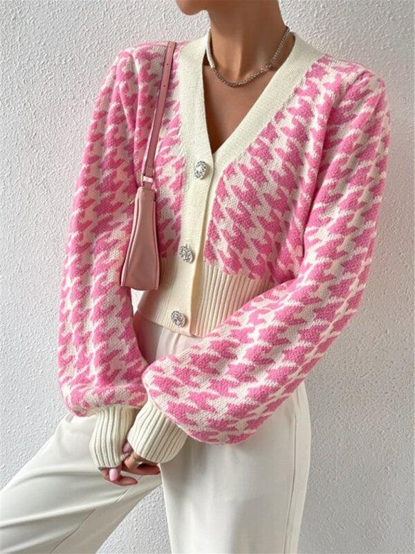 Houndstooth Lantern Sleeve Cardigan Sweater