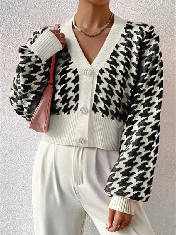 Houndstooth Lantern Sleeve Cardigan Sweater