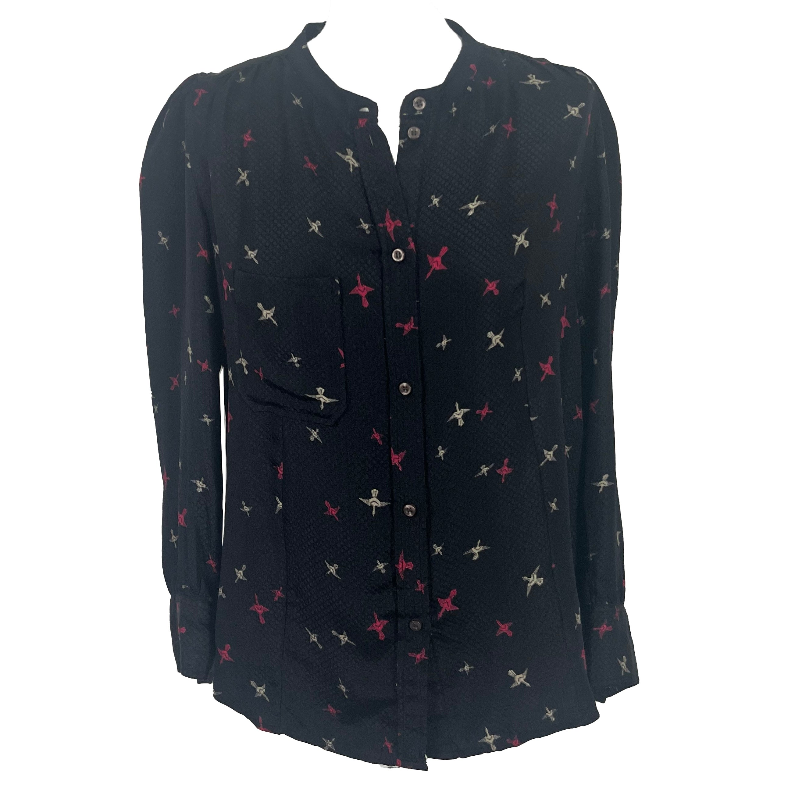 Isabel Marant Black Silk Bird Print Blouse M