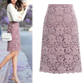 Lace Knee Length High Waisted Women Elegant Summer Korean Style Midi Skirts