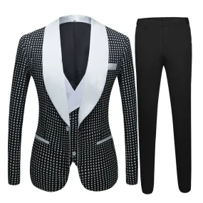 Men's Black White Slim Fit Tuxedos Blazer Vest Pants Three-Piece Suit