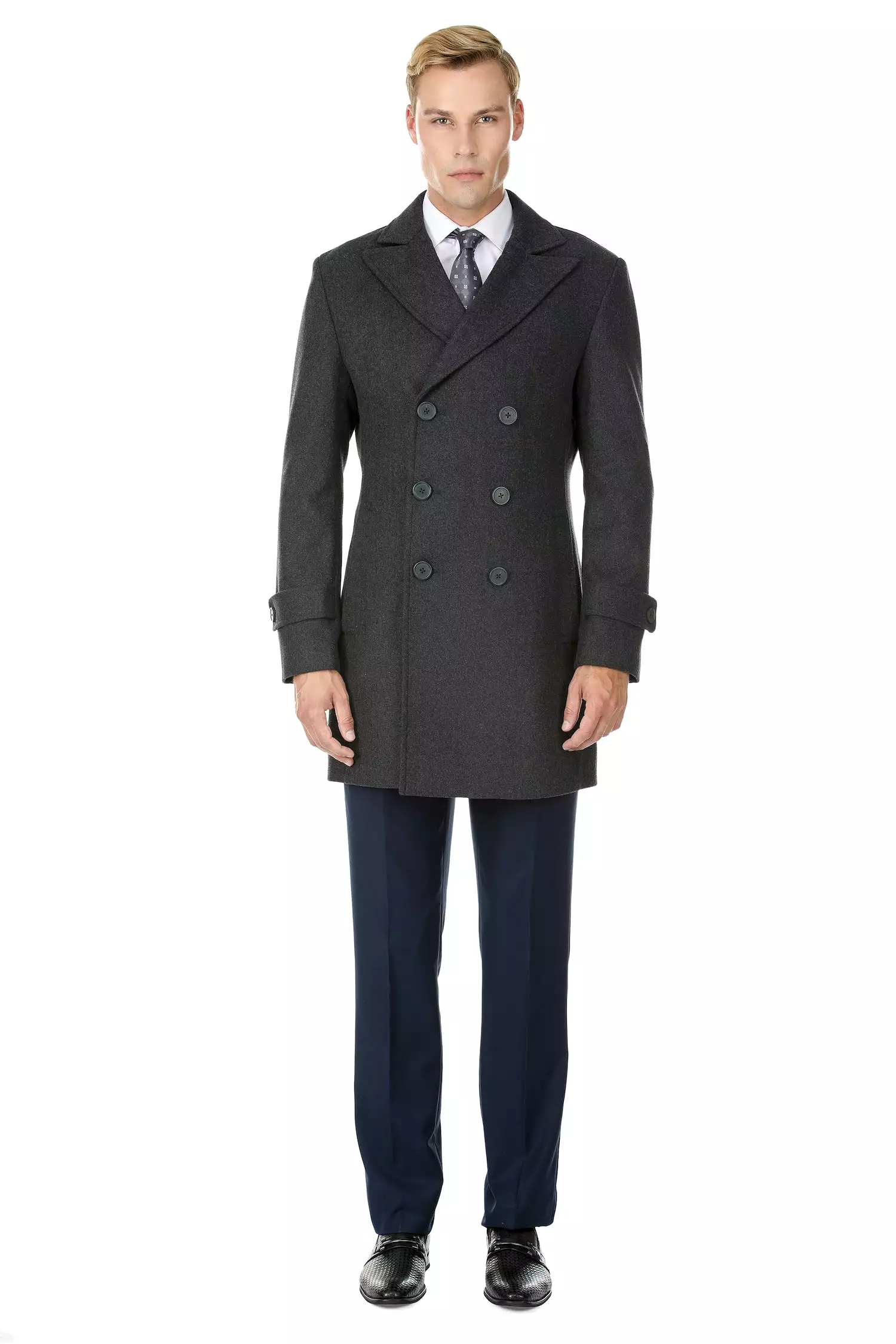 Men's Double Breasted Pea Coat Wool Blend Dress Jacket Peacoat