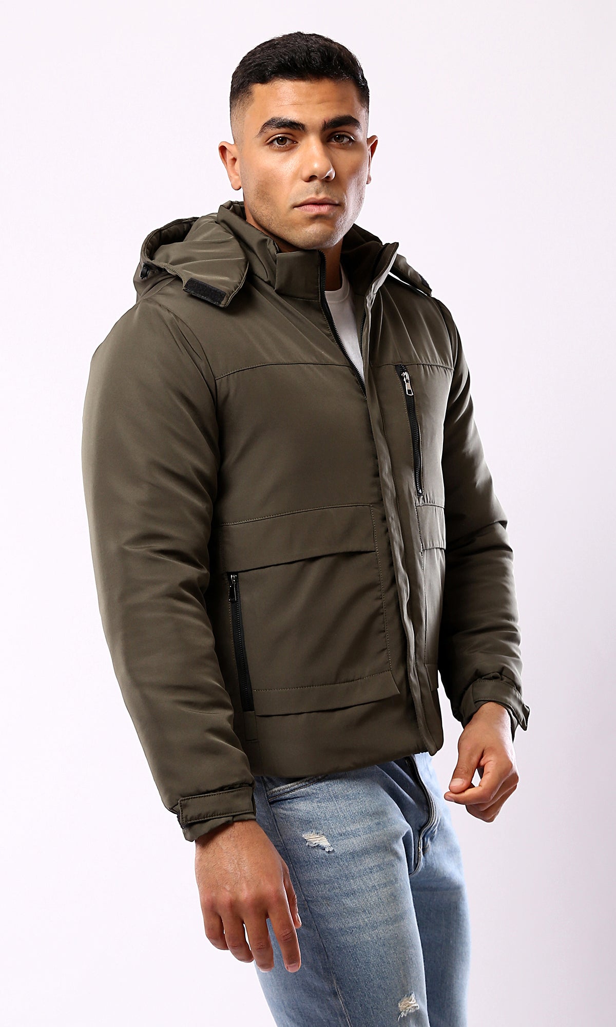 O181761 Dark Olive Zipped Jacket With Detachable Hoody