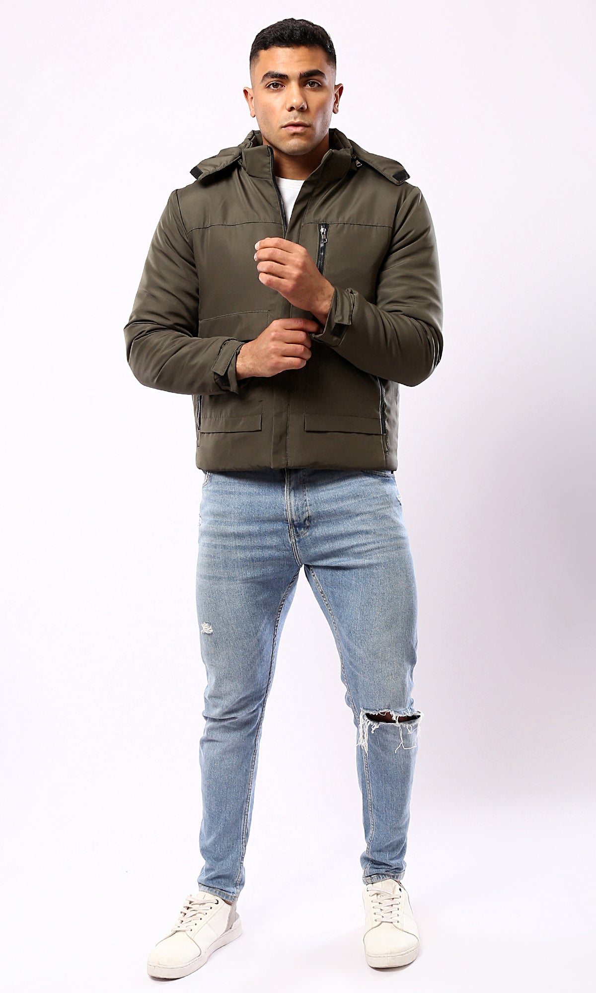 O181761 Dark Olive Zipped Jacket With Detachable Hoody