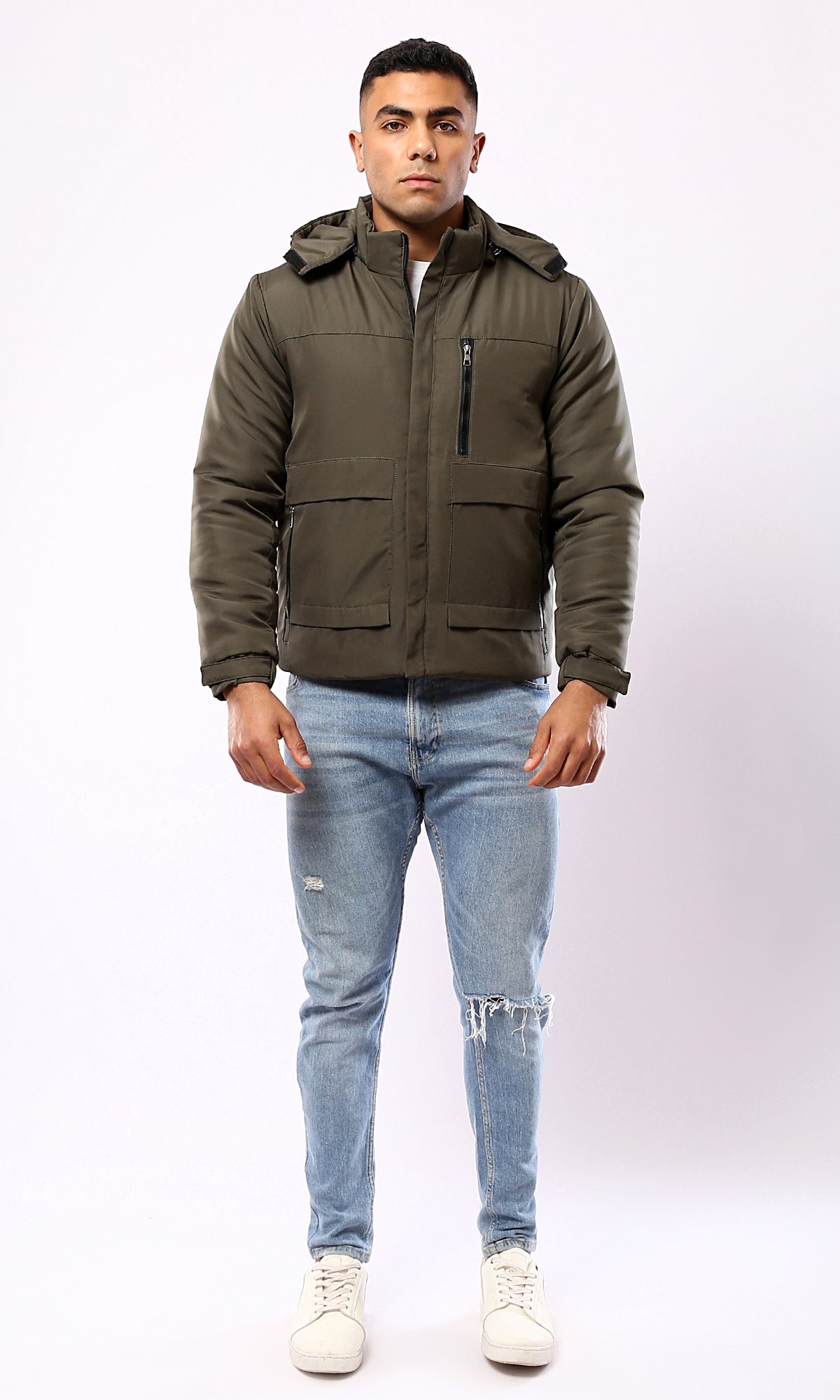 O181761 Dark Olive Zipped Jacket With Detachable Hoody