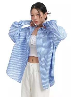 Oversized Stripe Buttoned Collar Blouse OA416