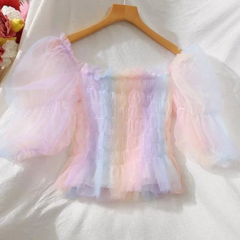 Pastel Rainbow Kawaii Princess Tulle Blouse